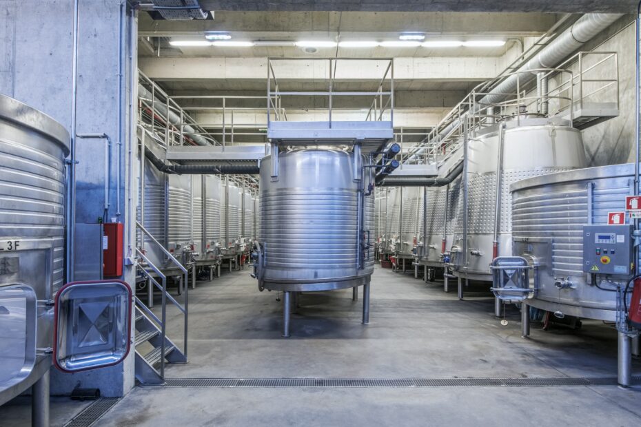 Vats in wine processing plant