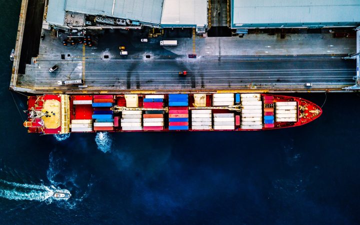 Aerial view of container ship at sea port